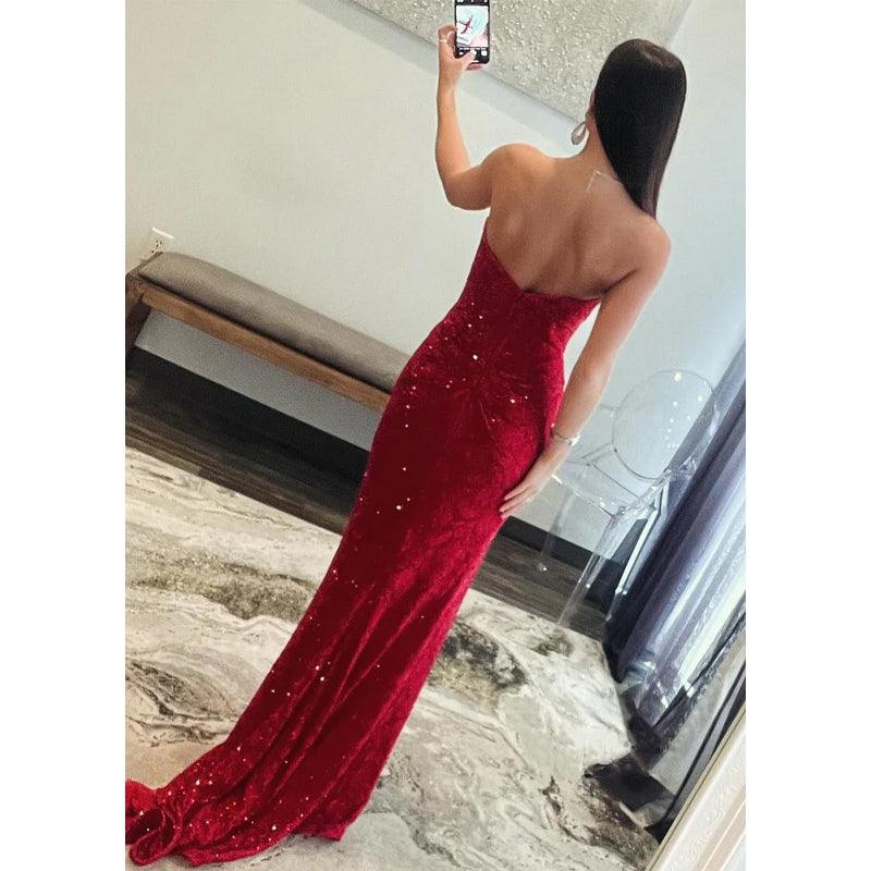Sweetheart Strapless Beaded Appliques with Side Slit Party Prom Evening Dress