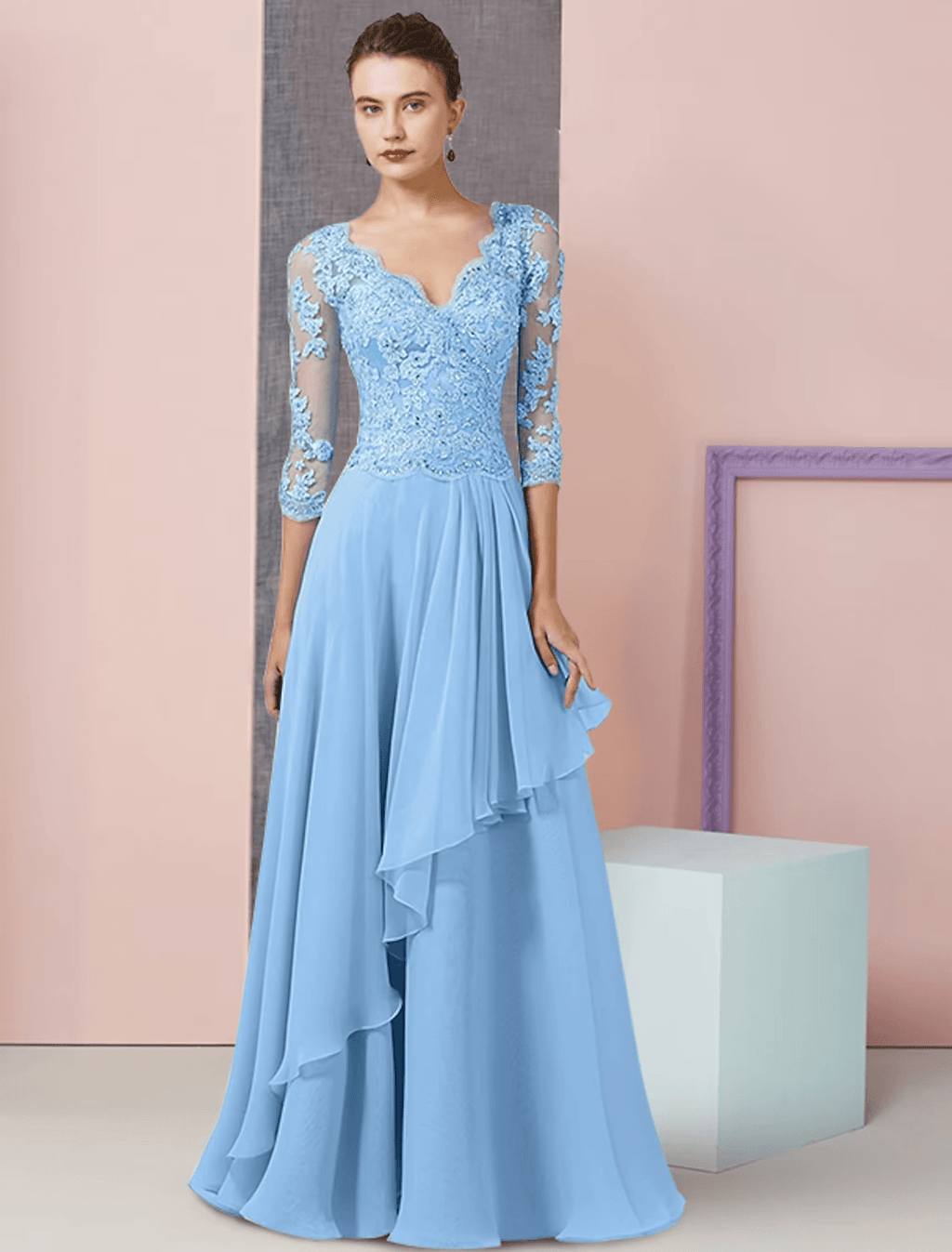 Zweiteiliges A-Linien-Kleid für die Mutter der Braut, formelle Hochzeitsgastparty, eleganter V-Ausschnitt, bodenlanges Chiffon-Spitzen-Wickelkleid mit halben Ärmeln, inklusive Perlen-Pailletten-Applikationen