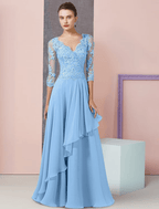 Zweiteiliges A-Linien-Kleid für die Mutter der Braut, formelle Hochzeitsgastparty, eleganter V-Ausschnitt, bodenlanges Chiffon-Spitzen-Wickelkleid mit halben Ärmeln, inklusive Perlen-Pailletten-Applikationen