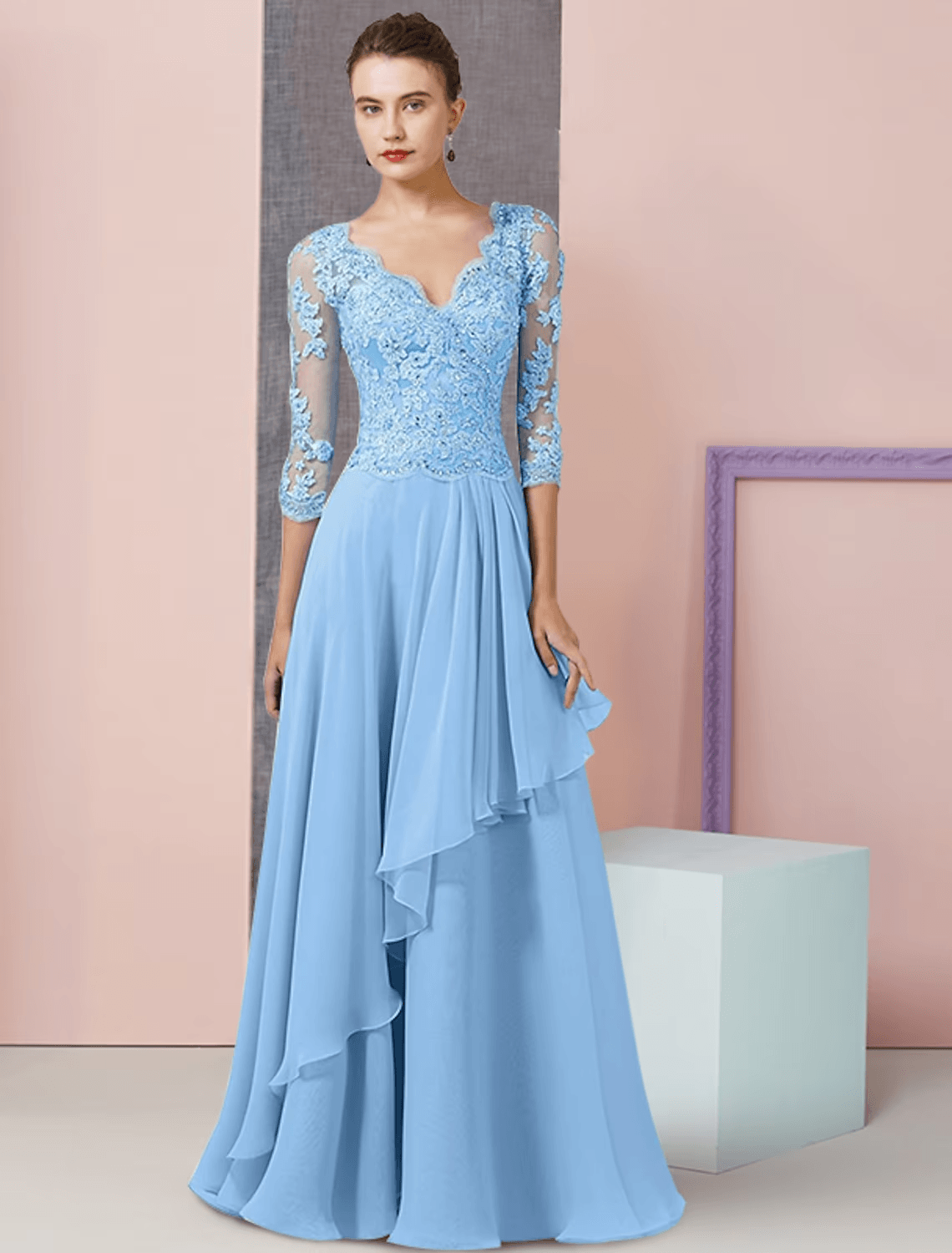 Zweiteiliges A-Linien-Kleid für die Mutter der Braut, formelle Hochzeitsgastparty, eleganter V-Ausschnitt, bodenlanges Chiffon-Spitzen-Wickelkleid mit halben Ärmeln, inklusive Perlen-Pailletten-Applikationen
