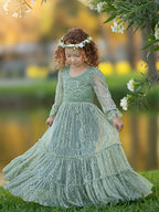 Vestido bohemio verde salvia con encaje hasta los tobillos para niña de las flores 