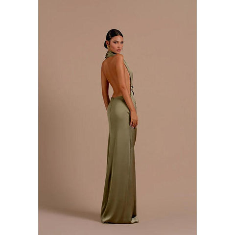 Sexy Halter Backless Satin Sheath Long Evening Dress With Side Slit