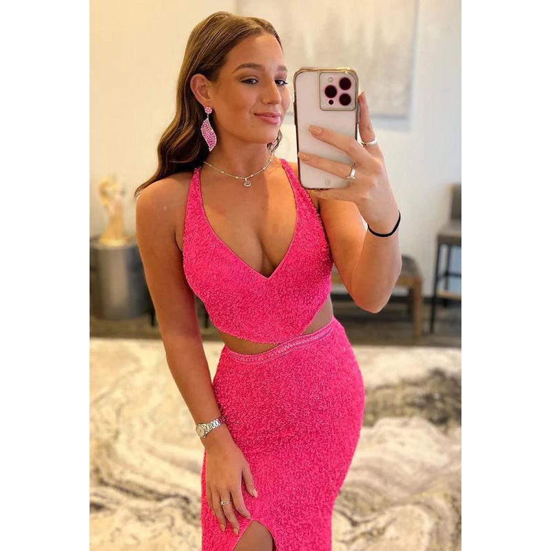 V-Neck Sequined Cut Outs Criss-Cross Straps Long Prom Dress