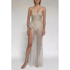 Sweetheart Strapless Beaded Sequins Sheer Tulle Sheath Long Prom Evening Dress
