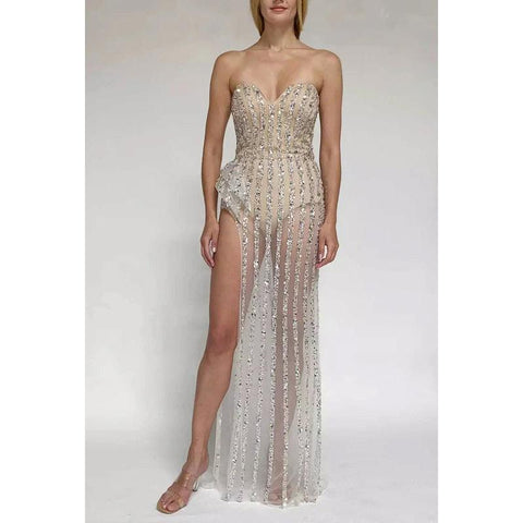 Sweetheart Strapless Beaded Sequins Sheer Tulle Sheath Long Prom Evening Dress