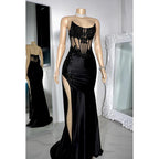 Vestido de noche sexy y atractivo con escote redondo, sin mangas, apliques y abertura lateral para fiesta y graduación