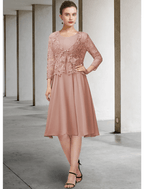 Two Piece A-Line Mother of the Bride Dress Elegant Jewel Neck Knee Length Chiffon Lace 3/4 Length Sleeve with Bow(s) Appliques