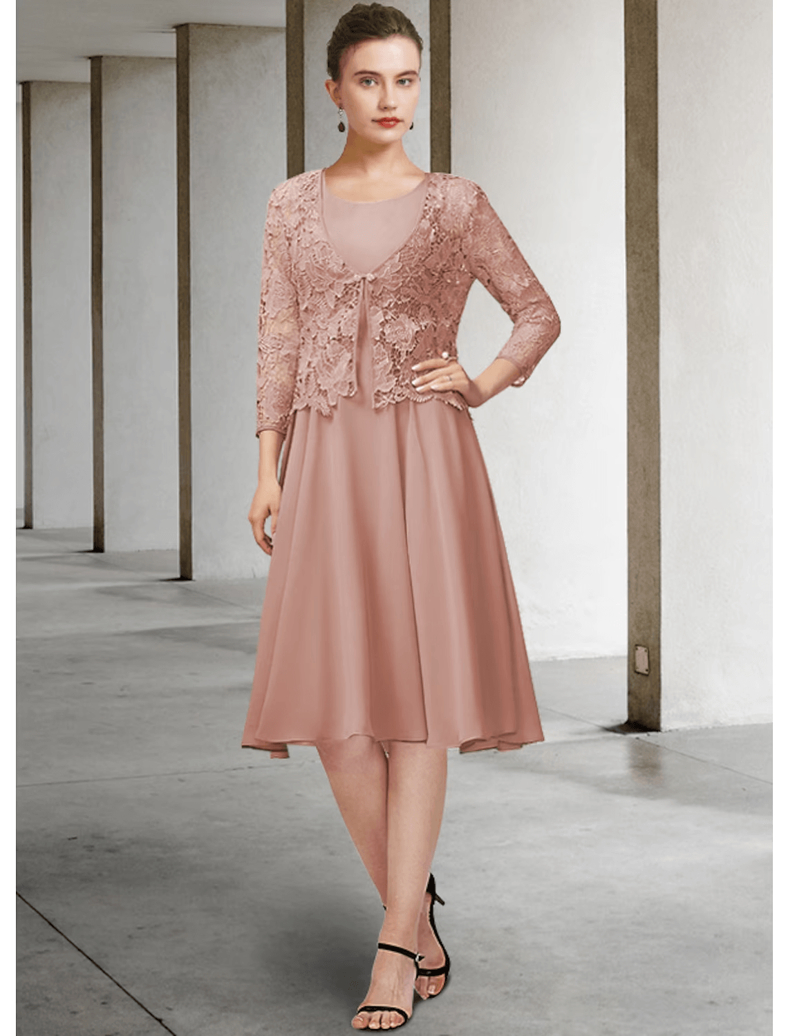 Two Piece A-Line Mother of the Bride Dress Elegant Jewel Neck Knee Length Chiffon Lace 3/4 Length Sleeve with Bow(s) Appliques