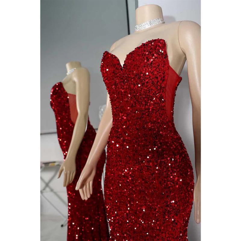 Vestido de fiesta de graduación sexy con lentejuelas, sin tirantes y corte trompeta para mujeres negras 