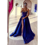 Vestido de noche largo de fiesta con corte A, fruncido, sin tirantes y con cuentas