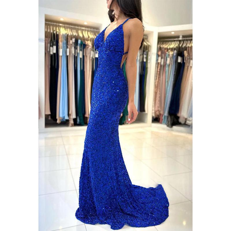 Vestido de fiesta largo de sirena azul con escote en V y tirantes finos con purpurina