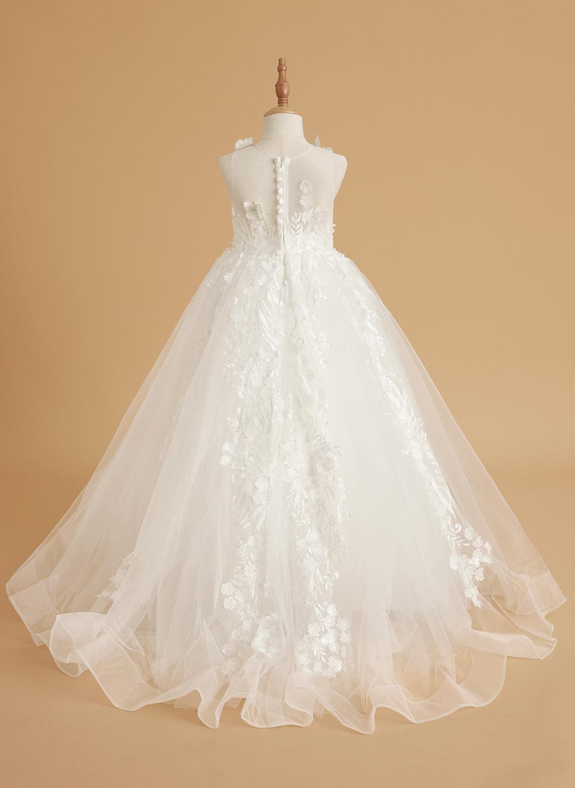 Vestido de princesa rosa para niña con apliques de encaje 