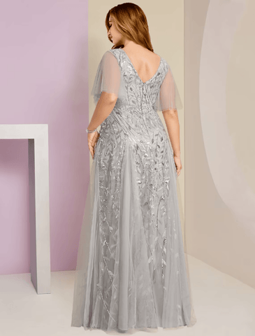 Robe de soirée pour mère de la mariée grande taille, scintillante et brillante, col en V, longueur au sol, dentelle, tulle, manches courtes avec plis, paillettes