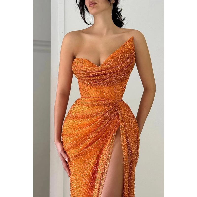 Vestido de fiesta de graduación asimétrico, ajustado, sin tirantes, plisado y con abertura lateral 