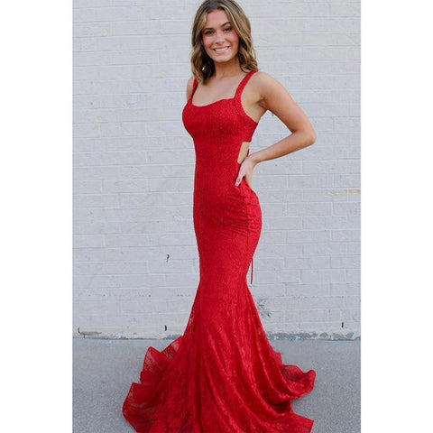 Red Beaded Lace Mermaid Prom Dress