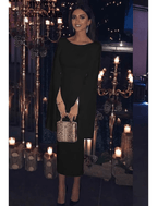 Vestido de novia elegante con corte en forma de tubo o columna, para fiesta, largo hasta la rodilla, manga larga, cuello joya, satén, espalda descubierta y color puro.