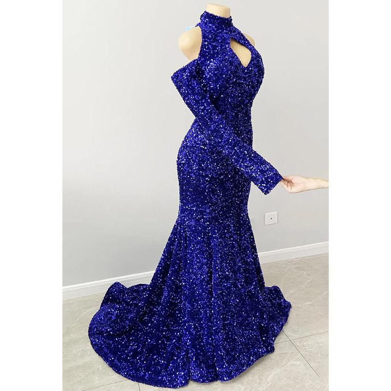 Vestido de fiesta negro único con escote alto, mangas largas y lentejuelas brillantes para Slay 