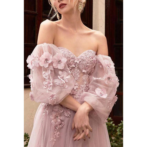 Sweetheart Long Sleeves Floral Appliqued Tulle A-Line Long Prom Evening Dress