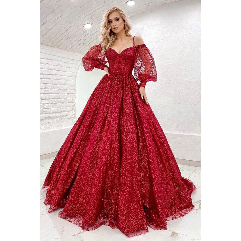 Vestido de fiesta brillante con mangas largas y tirantes finos para mujer 