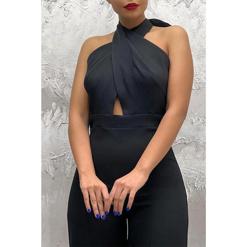 Sheath Cross-halter Formal Pantsuits Black Formal Prom Dress
