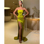 Sheath Strapless Satin Pleated Side Slit Long Prom Dress