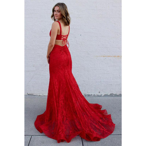 Red Beaded Lace Mermaid Prom Dress