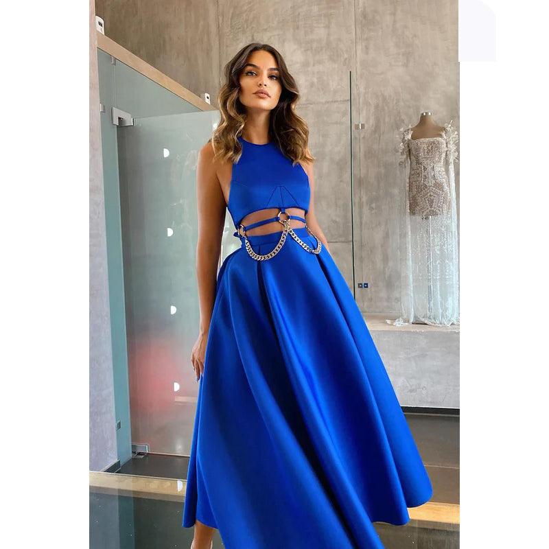 Vestido de noche de graduación midi de satén con escote redondo y aberturas en forma de A