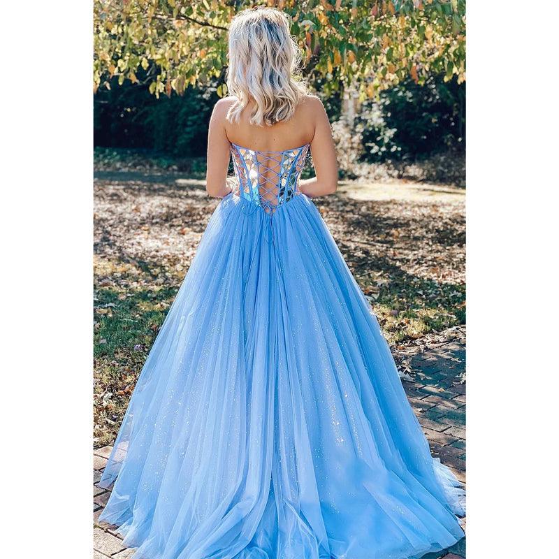 Vestido de fiesta de graduación de corte A con cuentas de tul azul cielo 