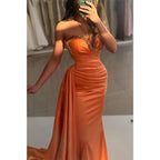 Vestido de noche para fiesta, graduación, con escote en forma de corazón, sin tirantes, con cuentas y fruncido, y cola 