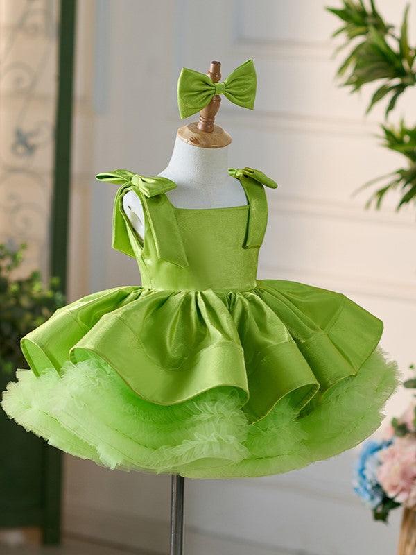 Vestido de tul satinado verde hasta la rodilla para niña 