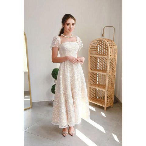 Vestido de fiesta de noche con escote cuadrado, mangas de copa, estampado de tul, corte A, largo hasta la rodilla 