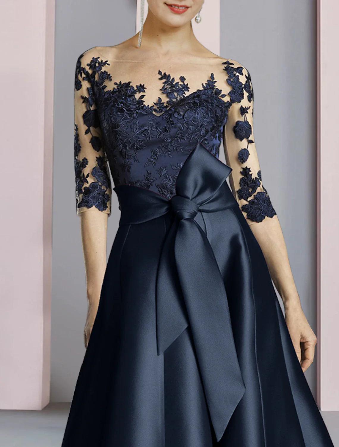 Mother of the Bride Dress Wedding Guest Elegant Party Neck Ankle Length Satin Lace Half Sleeve with