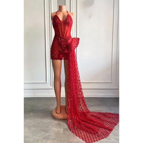 Sexy V-neck Heavy Beads Long Prom Dress for Black Girls Slay