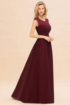 Vestido de dama de honor largo hasta el suelo de gasa con mangas cortas color burdeos