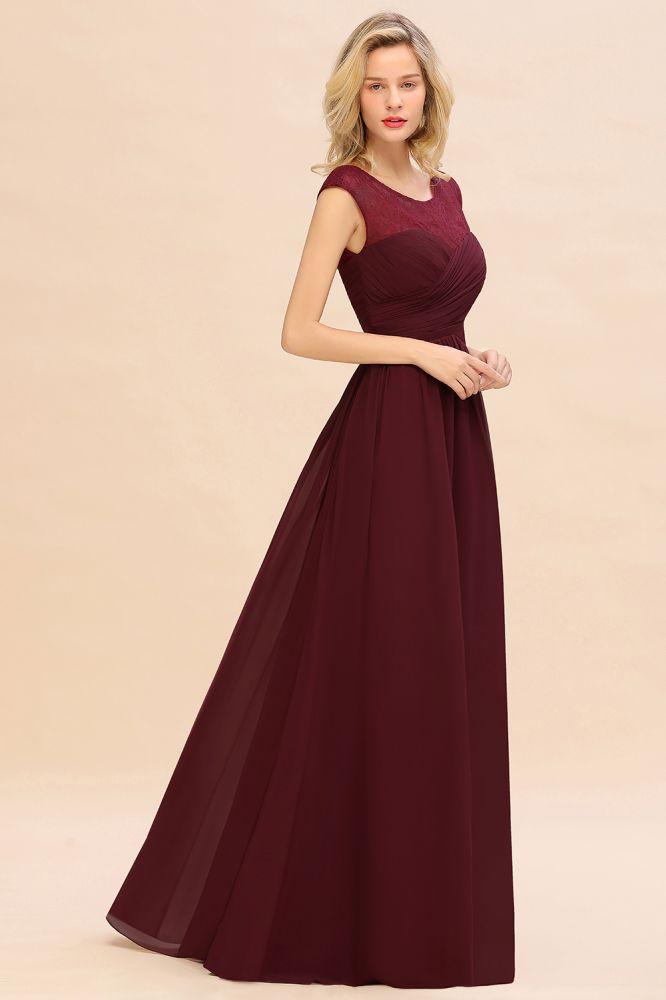 Vestido de dama de honor largo hasta el suelo de gasa con mangas cortas color burdeos