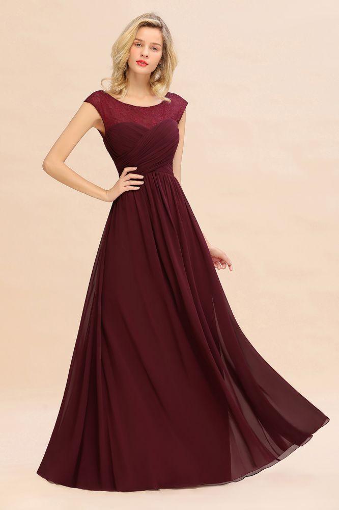 Vestido de dama de honor largo hasta el suelo de gasa con mangas cortas color burdeos