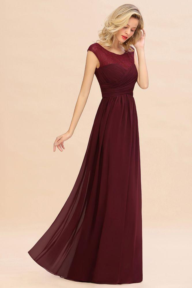 Vestido de dama de honor largo hasta el suelo de gasa con mangas cortas color burdeos