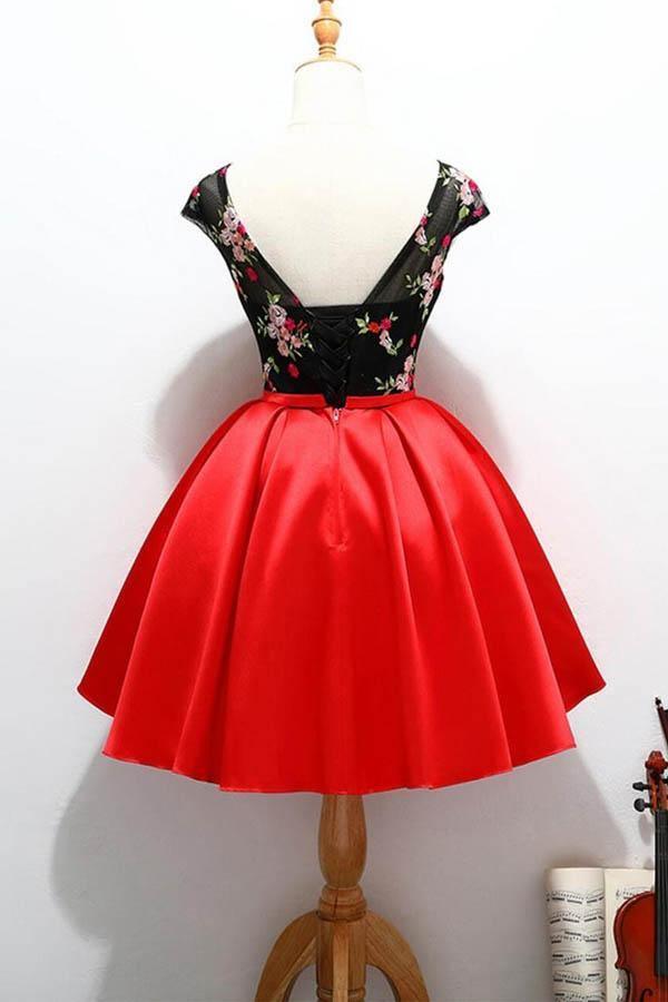 Lindos vestidos de fiesta cortos con mangas cortas en rojo y negro para la fiesta de bienvenida