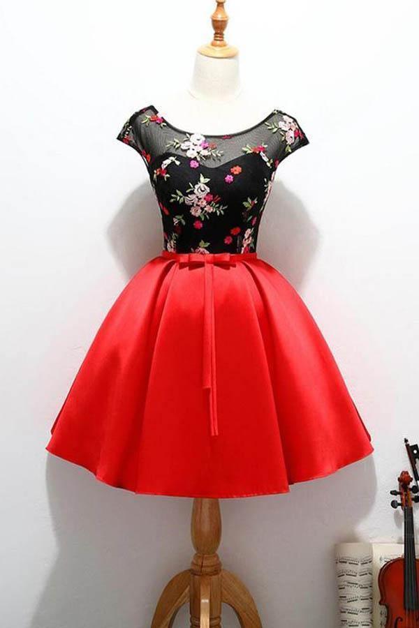 Lindos vestidos de fiesta cortos con mangas cortas en rojo y negro para la fiesta de bienvenida
