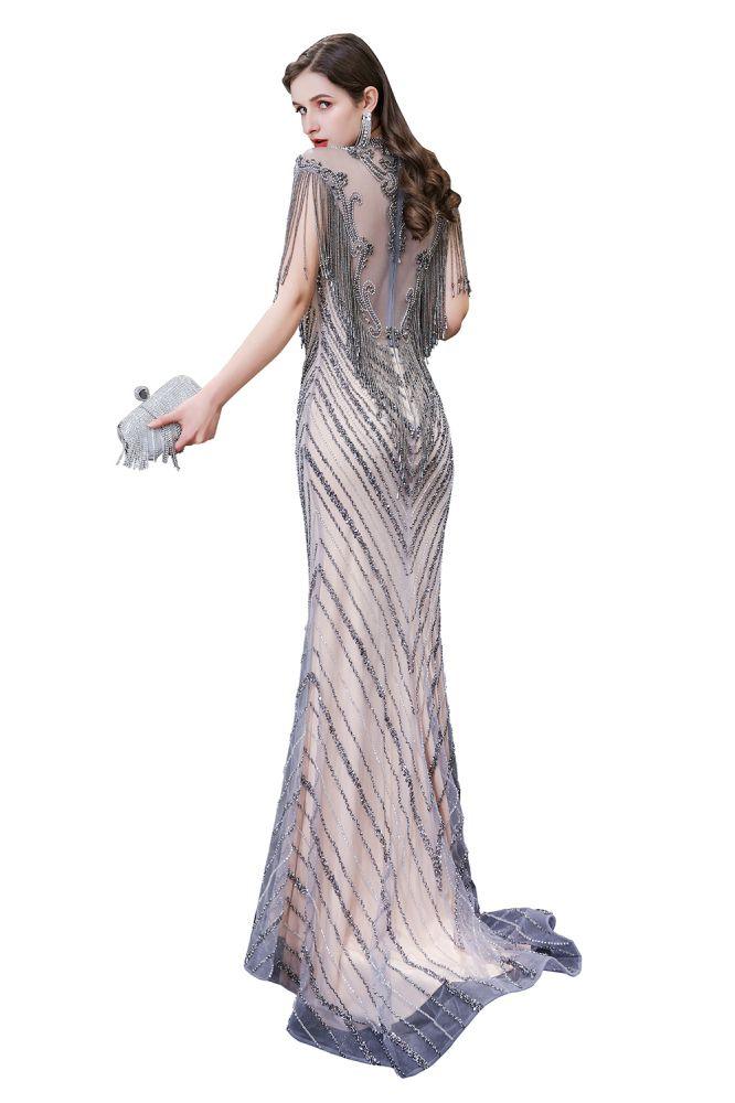 Flügelärmel, hoher Halsausschnitt, funkelnde Perlen, bodenlanges Meerjungfrau-Abendkleid