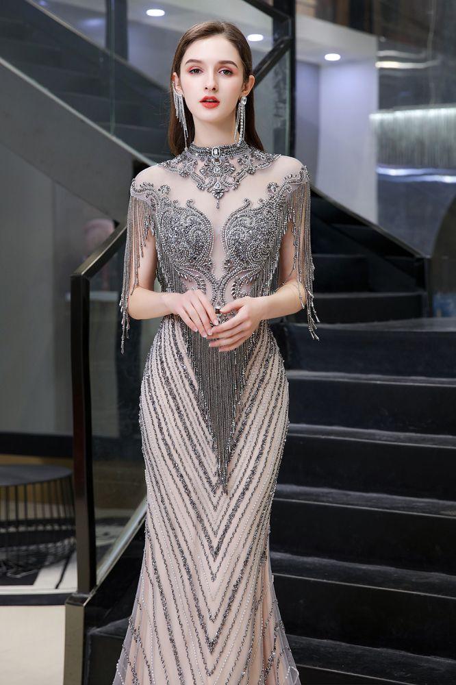 Flügelärmel, hoher Halsausschnitt, funkelnde Perlen, bodenlanges Meerjungfrau-Abendkleid