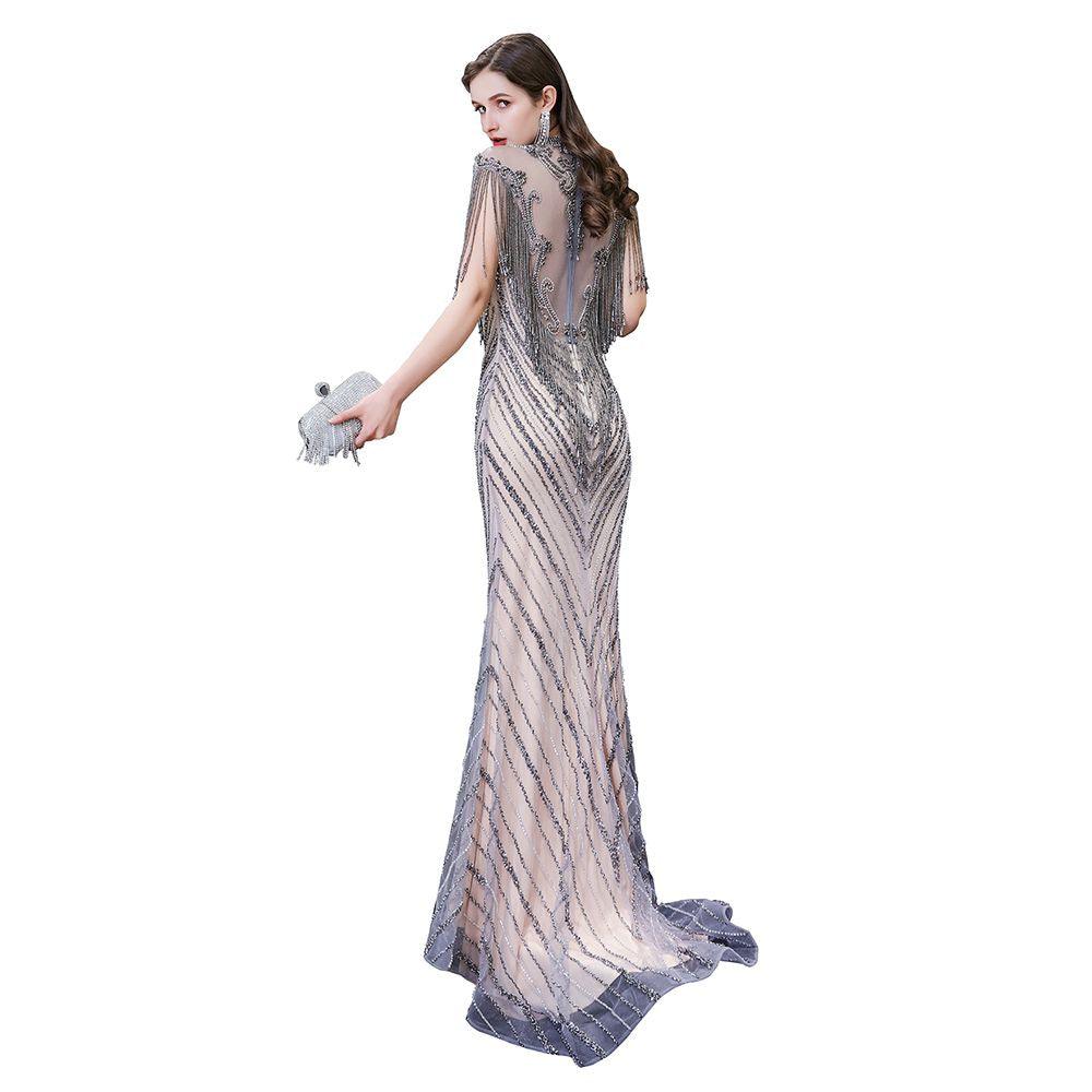 Flügelärmel, hoher Halsausschnitt, funkelnde Perlen, bodenlanges Meerjungfrau-Abendkleid