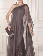 NumberSea - Cape Dress Wedding Guest Elegant Party Sparkle & Shine One Shoulder Sweep / Brush Train Chiffon Lace Sleeveless with Pleats Sequin Mother of the Bride Dresses
