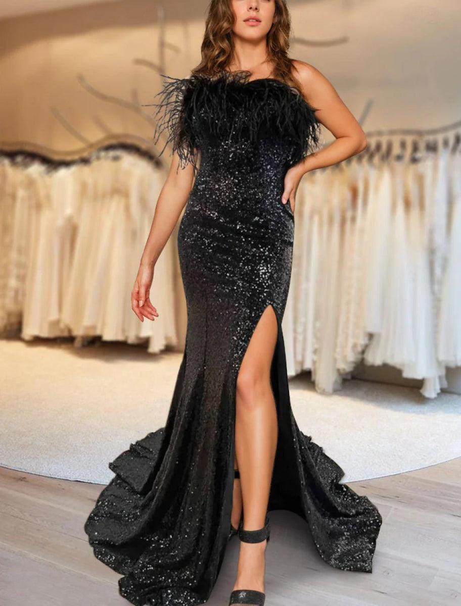 NumberSea - Carnival Formal Floor Length Sleeveless Strapless Sequined with Feather Evening Gown Elegant Dress