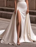 NumberSea - Casual Wedding Dresses A - Line Separates Separates Chapel Train Satin OverSkirts Bridal Gowns With Solid Color