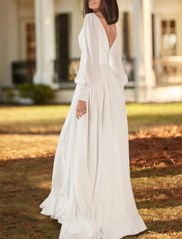 NumberSea - Casual Wedding Dresses A - Line V Neck Long Sleeve Sweep / Brush Train Chiffon Bridal Gowns With Pleats