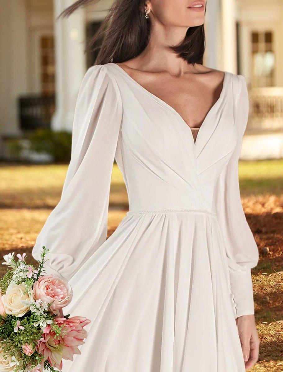 NumberSea - Casual Wedding Dresses A - Line V Neck Long Sleeve Sweep / Brush Train Chiffon Bridal Gowns With Pleats