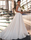 NumberSea - Casual Wedding Dresses Court Train Princess Sleeveless Square Italy Satin With Beading Solid Color
