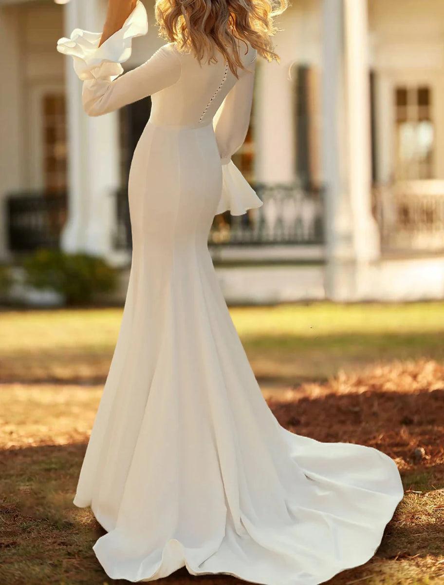 NumberSea - Casual Wedding Dresses Mermaid / Trumpet V Neck Long Sleeve Court Train Chiffon Bridal Gowns With Sash / Ribbon