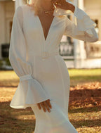 NumberSea - Casual Wedding Dresses Mermaid / Trumpet V Neck Long Sleeve Court Train Chiffon Bridal Gowns With Sash / Ribbon
